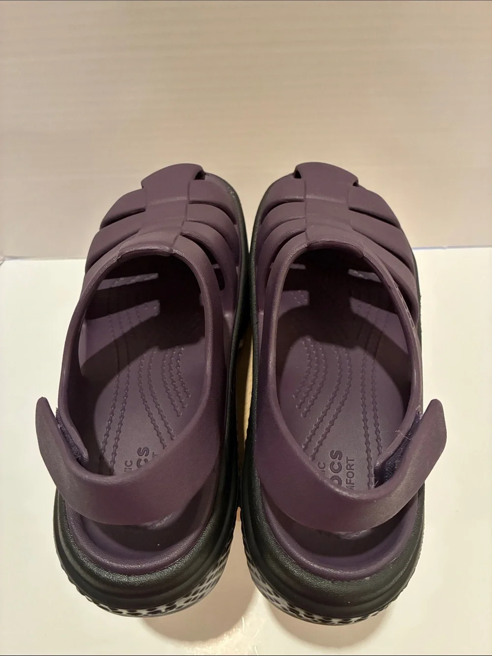 CROCS Women's Stomp Fisherman Platform Sandal in Deep Plum with Black Sole